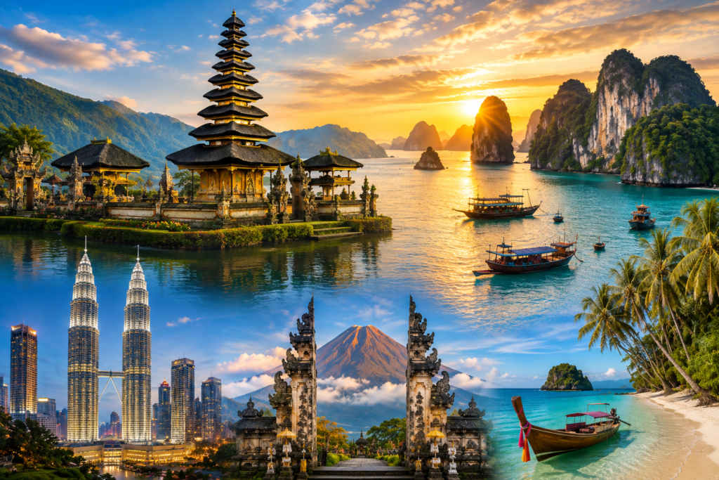 Southeast Asia travel experiences featuring Bali temples, tropical islands and Kuala Lumpur skyline